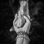 A black-and-white image of a human hand holding a dog's paw, symbolizing companionship.